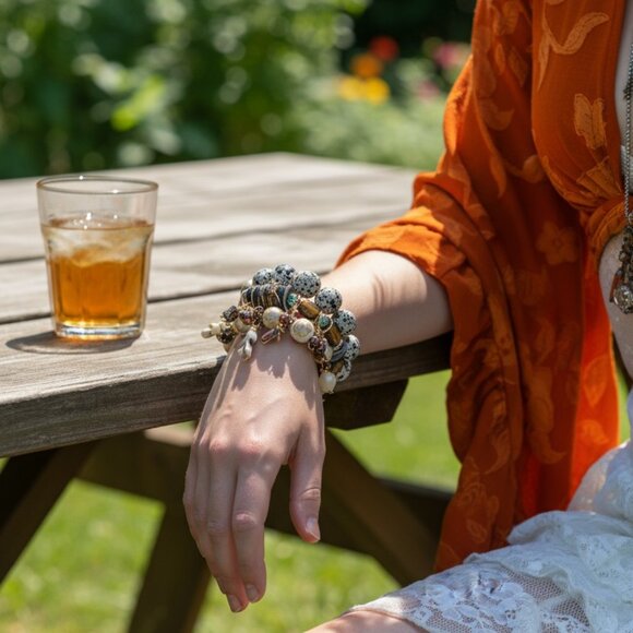 Handmade Boho Leather Beaded Bracelet Set | 3PC Layered Jewelry - Picture 4 of 4